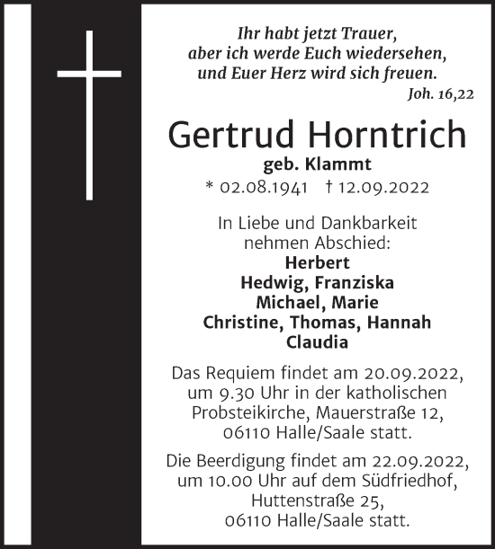 Traueranzeige von Gertrud Horntrich von Mitteldeutsche Zeitung Halle/Saalkreis