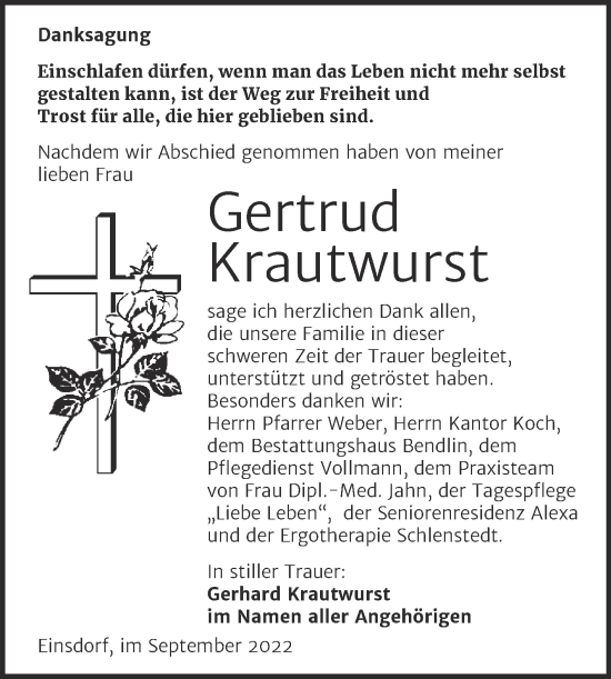 Traueranzeige von Gertrud Krautwurst von Trauerkombi Sangerhausen