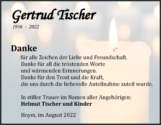 Traueranzeige von Gertrud Tischer von Trauerkombi Aschersleben
