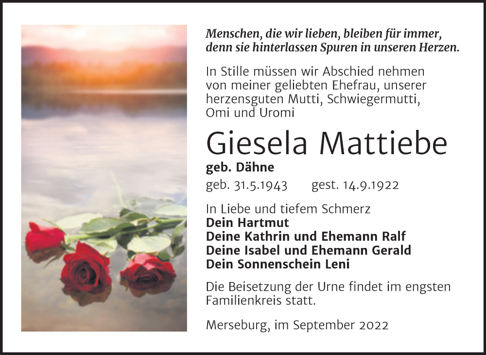  Traueranzeige für Giesela Mattiebe vom 24.09.2022 aus Trauerkombi Merseburg