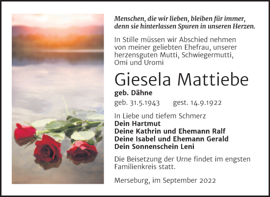 Traueranzeige von Giesela Mattiebe von Trauerkombi Merseburg