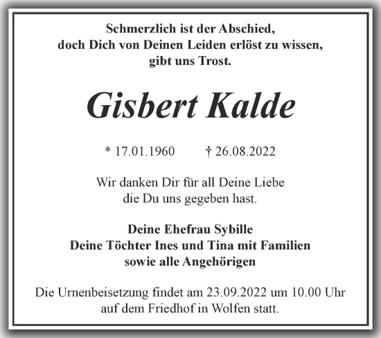 Traueranzeige von Gisbert Kalde von Trauerkombi Bitterfeld