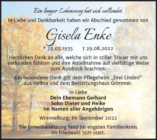 Traueranzeige von Gisela Enke von Trauerkombi Mansfelder Land