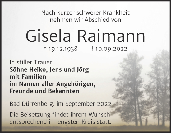 Traueranzeige von Gisela Raimann von Trauerkombi Merseburg