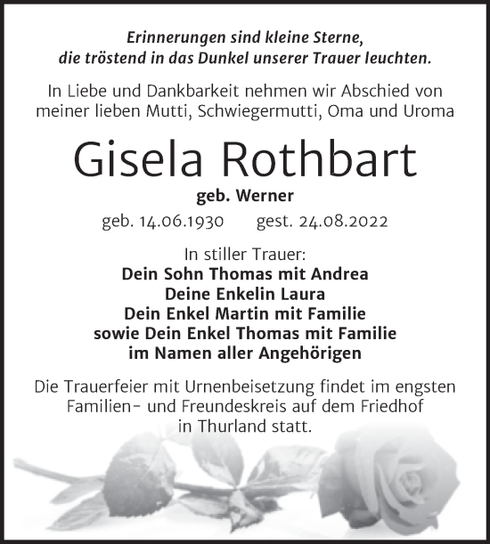 Traueranzeige von Gisela Rothbart von Trauerkombi Bitterfeld