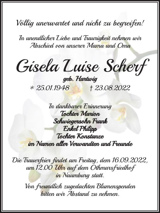 Traueranzeige von Gisela Luise Scherf von Wochenspiegel Naumburg/Nebra