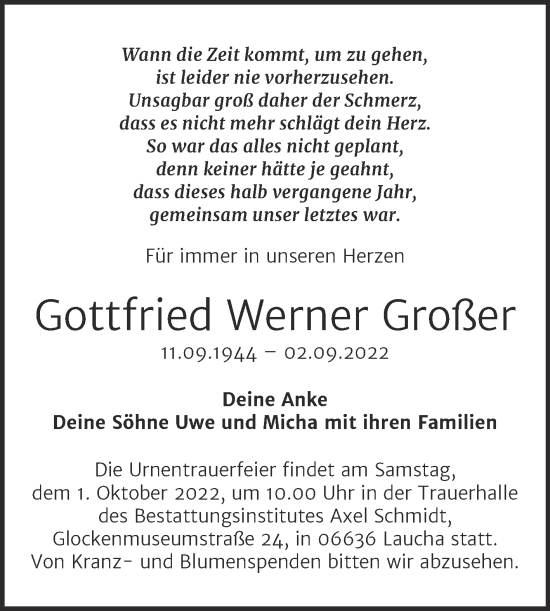 Traueranzeige von Gottfried Werner Großer von Wochenspiegel Naumburg/Nebra