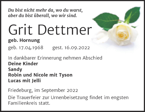 Traueranzeige von Grit Dettmer von Trauerkombi Mansfelder Land