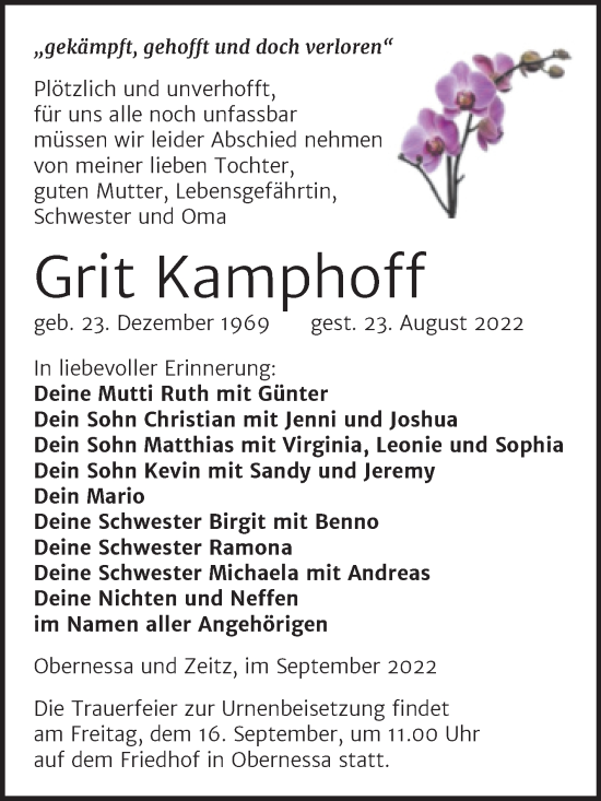 Traueranzeige von Grit Kamphoff von Trauerkombi Weißenfels