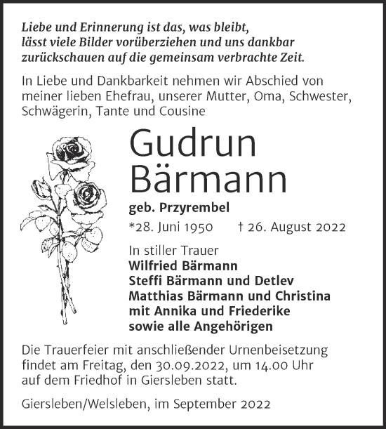 Traueranzeige von Gudrun Bärmann von Mitteldeutsche Zeitung Sangerhausen