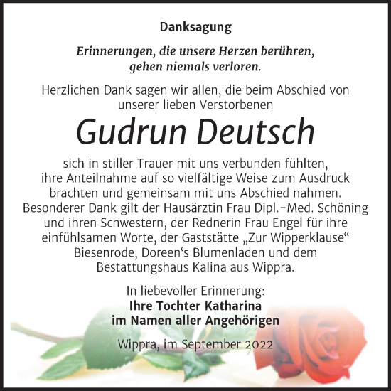 Traueranzeige von Gudrun Deutsch von Mitteldeutsche Zeitung Mansfelder Land