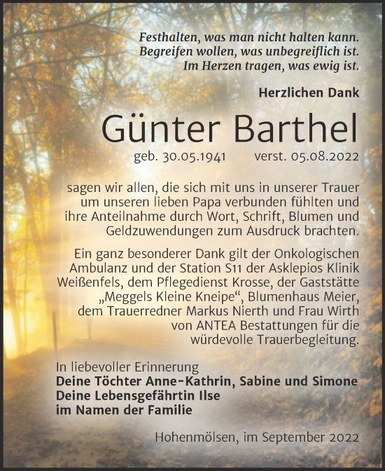 Traueranzeige von Günter Barthel von Trauerkombi Weißenfels