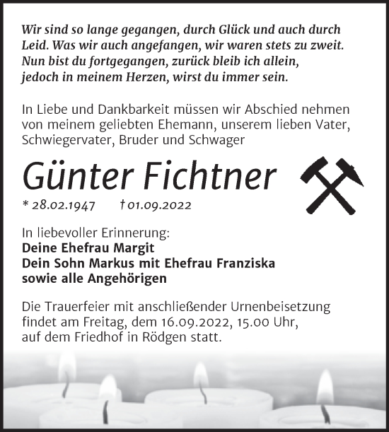 Traueranzeige von Günter Fichtner von Trauerkombi Bitterfeld