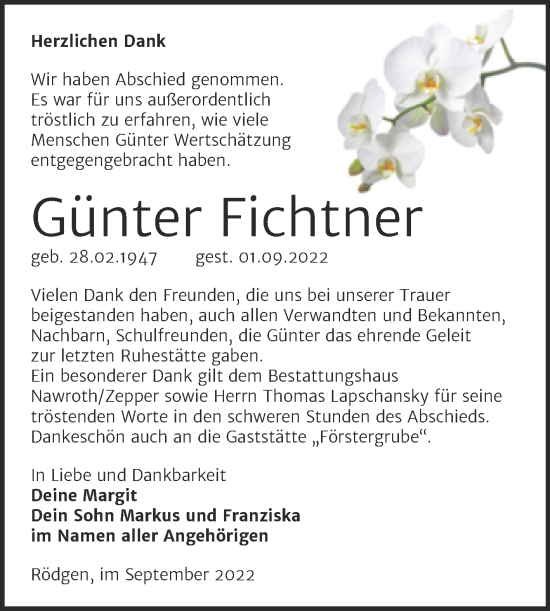 Traueranzeige von Günter Fichtner von Trauerkombi Bitterfeld