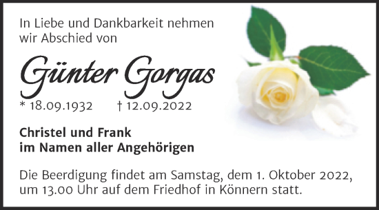 Traueranzeige von Günter Gorgas von Trauerkombi Bernburg