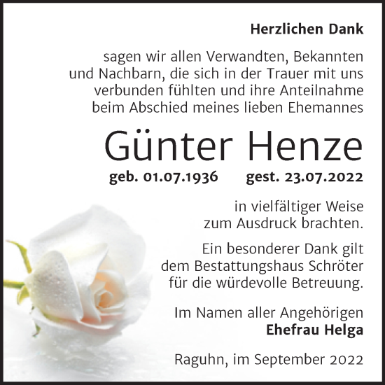 Traueranzeige von Günter Henze von Trauerkombi Bitterfeld