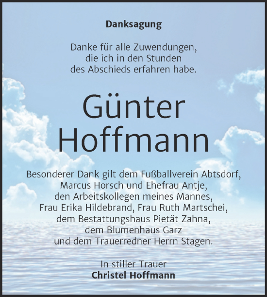 Traueranzeige von Günter Hoffmann von Trauerkombi Wittenberg