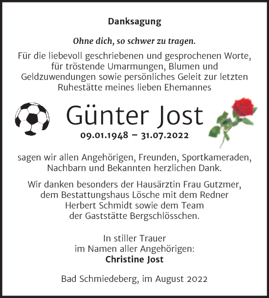Traueranzeige von Günter Jost von Trauerkombi Wittenberg