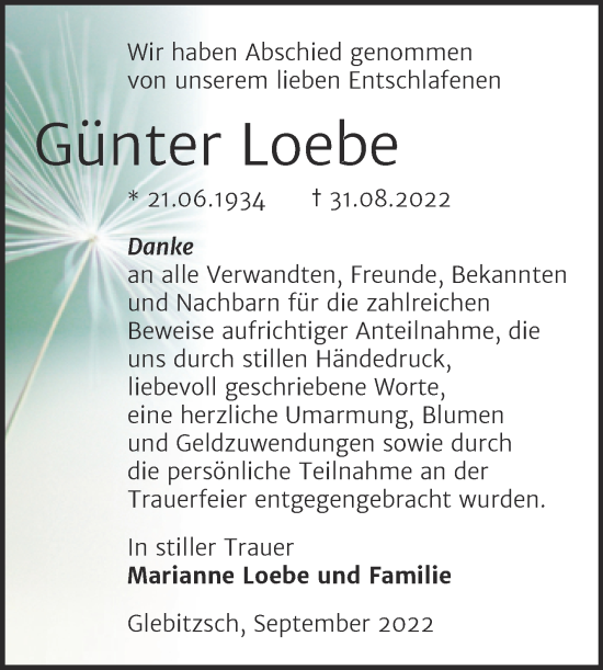 Traueranzeige von Günter Loebe von Trauerkombi Bitterfeld