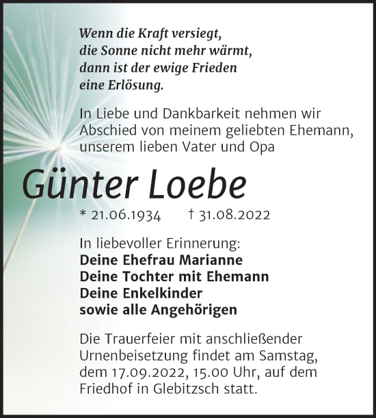 Traueranzeige von Günter Loebe von Trauerkombi Bitterfeld