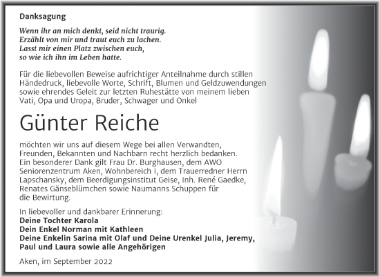 Traueranzeige von Günter Reiche von Trauerkombi Köthen
