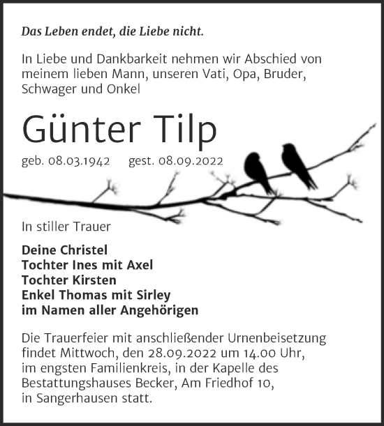 Traueranzeige von Günter Tilp von Trauerkombi Sangerhausen