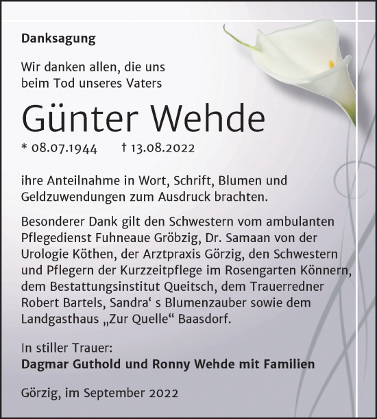 Traueranzeige von Günter Wehde von Trauerkombi Köthen