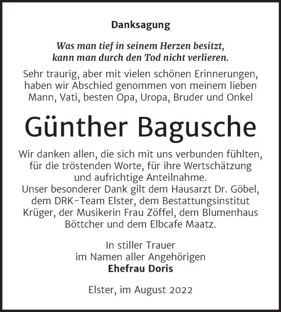 Traueranzeige von Günther Bagusche von Trauerkombi Wittenberg