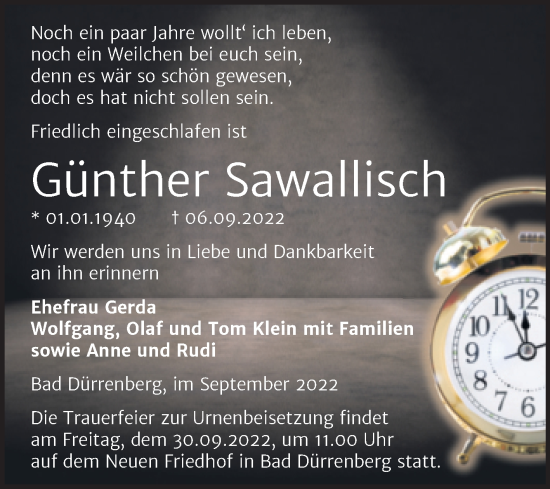 Traueranzeige von Günther Sawallisch von Trauerkombi Merseburg