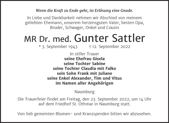 Traueranzeige von Gunter Sattler von Naumburger Tageblatt