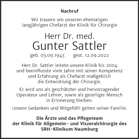 Traueranzeige von Gunter Sattler von Naumburger Tageblatt