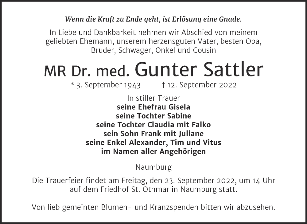  Traueranzeige für Gunter Sattler vom 17.09.2022 aus Naumburger Tageblatt