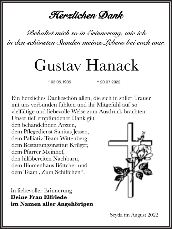 Traueranzeige von Gustav Hanack von Trauerkombi Wittenberg