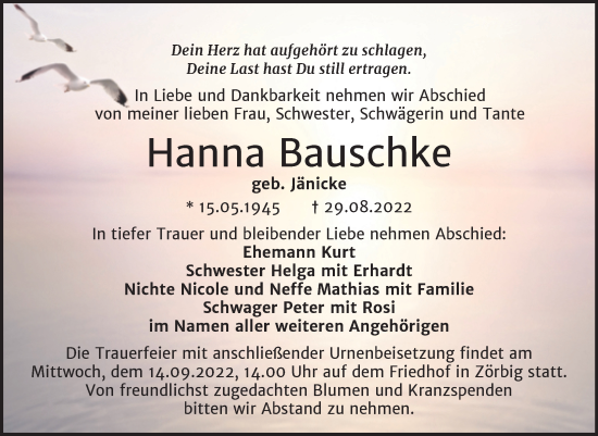 Traueranzeige von Hanna Bauschke von Trauerkombi Bitterfeld