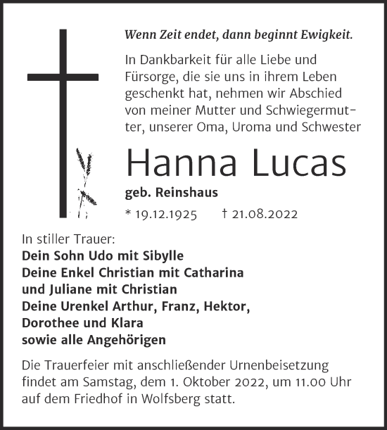 Traueranzeige von Hanna Lucas von Trauerkombi Sangerhausen