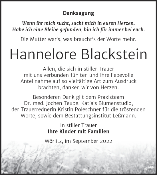 Traueranzeige von Hannelore Blackstein von Trauerkombi Wittenberg