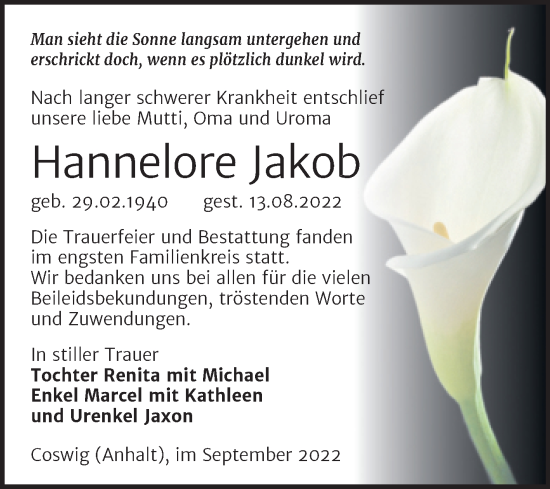 Traueranzeige von Hannelore Jakob von Trauerkombi Wittenberg