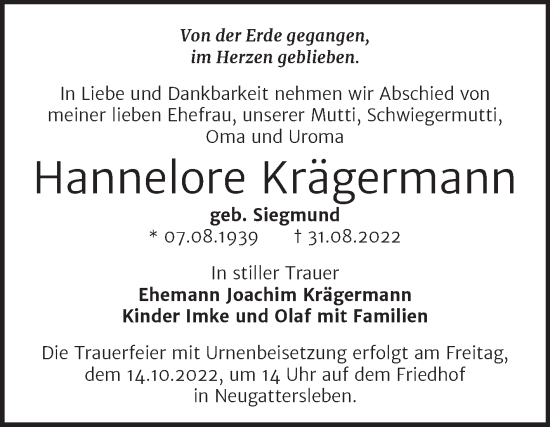 Traueranzeige von Hannelore Krägermann von Trauerkombi Bernburg
