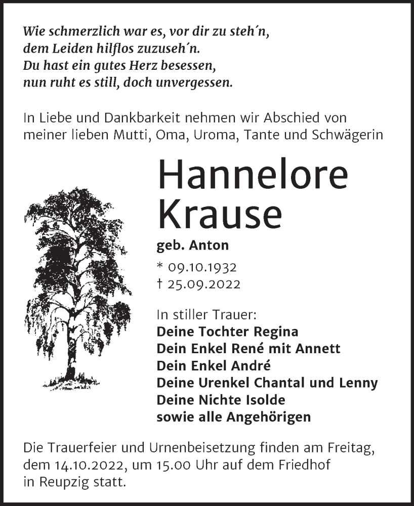  Traueranzeige für Hannelore Krause vom 30.09.2022 aus Trauerkombi Köthen
