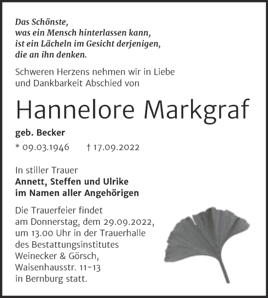 Traueranzeige von Hannelore Markgraf von Trauerkombi Bernburg