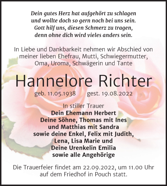 Traueranzeige von Hannelore Richter von Trauerkombi Bitterfeld