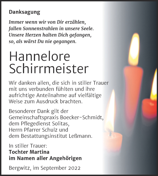 Traueranzeige von Hannelore Schirrmeister von Trauerkombi Wittenberg