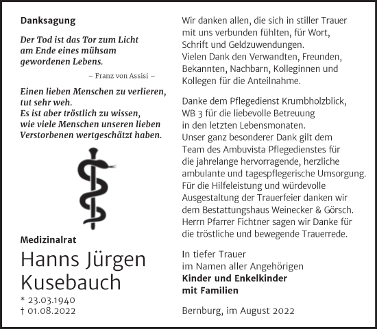 Traueranzeige von Hanns Jürgen Kusebauch von Trauerkombi Bernburg