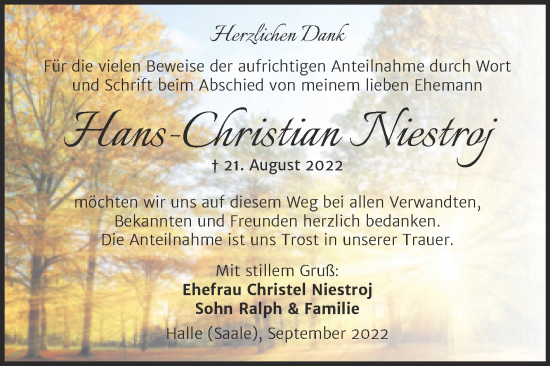 Traueranzeige von Hans-Christian Niestroj von Mitteldeutsche Zeitung Halle/Saalkreis