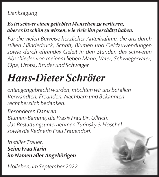 Traueranzeige von Hans-Dieter Schröter von Mitteldeutsche Zeitung Halle/Saalkreis
