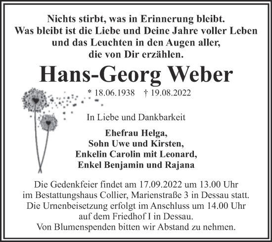 Traueranzeige von Hans-Georg Weber von Trauerkombi Dessau