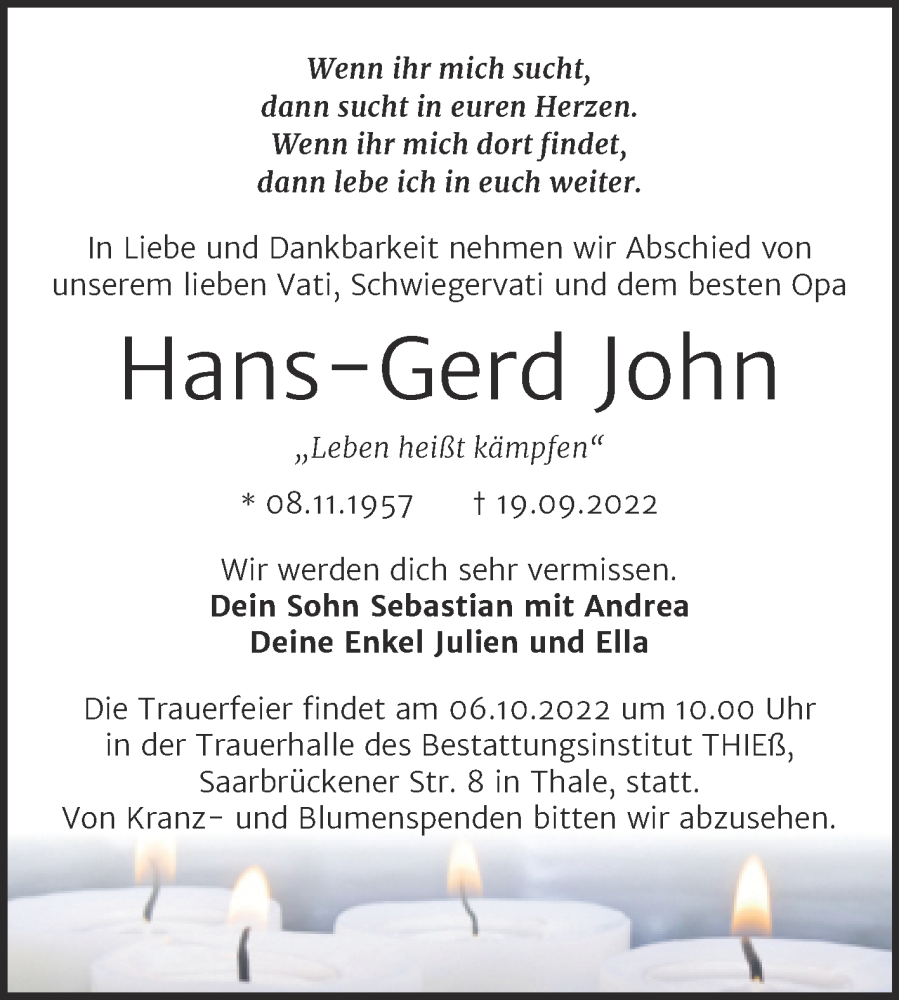  Traueranzeige für Hans-Gerd John vom 23.09.2022 aus Trauerkombi Quedlinburg