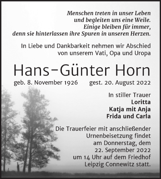 Traueranzeige von Hans-Günter Horn von Mitteldeutsche Zeitung Merseburg/Querfurt