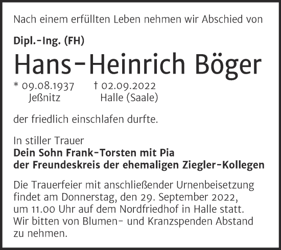 Traueranzeige von Hans-Heinrich Böger von Mitteldeutsche Zeitung Bernburg