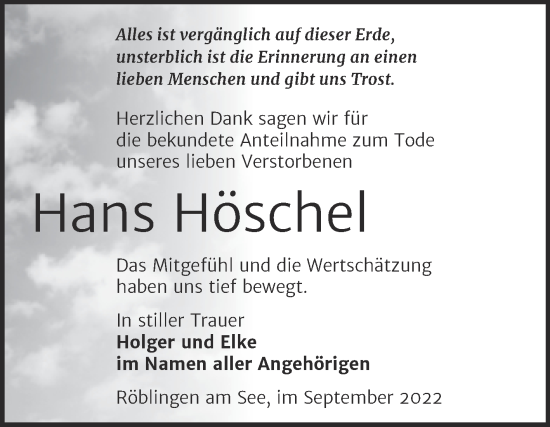 Traueranzeige von Hans Höschel von Trauerkombi Mansfelder Land